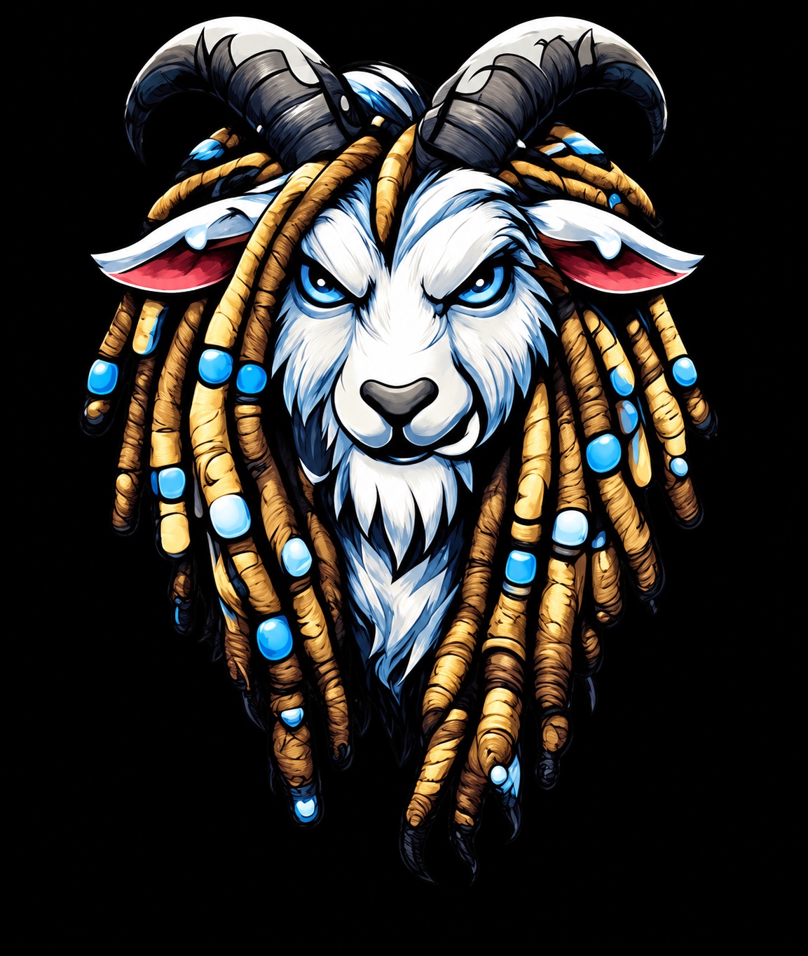 SnowGoat's blue-eyed goat with golden dreadlocks and blue beads